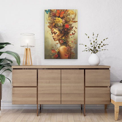 Canvas schilderij interieur Vrouw met Vlinders in haar Haar