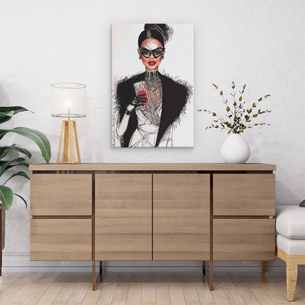 Canvas schilderij interieur Illustratie van een Vrouw die een Bril Draagt ​​En een Glas Wijn Vasthoudt