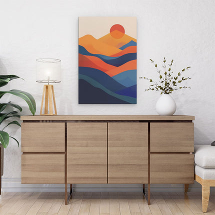 Canvas schilderij interieur De Zon gaat onder over een Blauw en Oranje Landschap