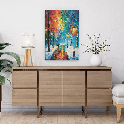 Canvas schilderij interieur Kunstwerk van Mensen die door de Straat Lopen in de Sneeuw