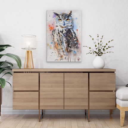 Canvas schilderij interieur Uil met Kleurrijke Verfspatten