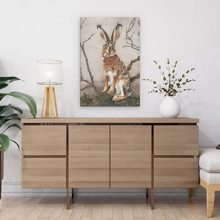 Canvas schilderij interieur Haas Zittend op een Tak