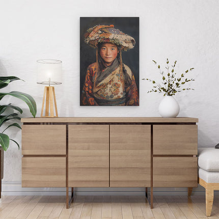 Canvas schilderij interieur Tibetaans Meisje met een Traditionele Tibetaanse Hoed