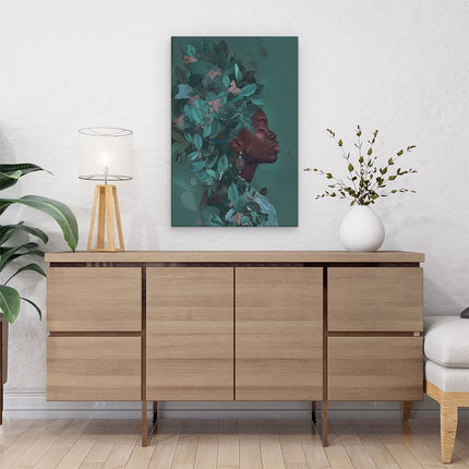 Canvas schilderij interieur Vrouw met Bladeren in haar Haar