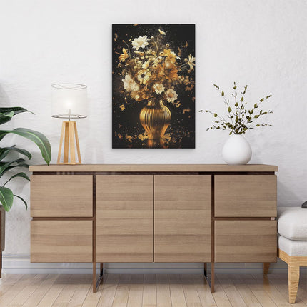 Canvas schilderij interieur Gouden Bloemen in een Vaas op een Zwarte Achtergrond