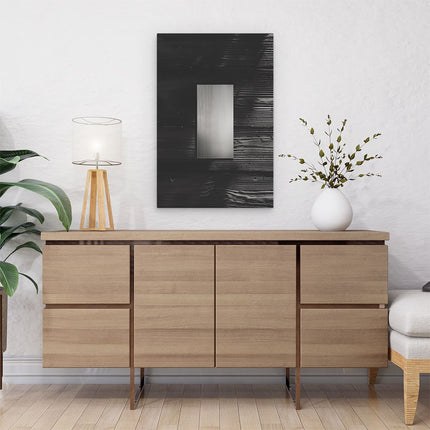 Canvas schilderij interieur Zwart Witfoto van een Metalen Plaat op een Houten Muur
