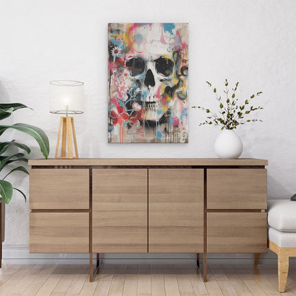 Canvas schilderij interieur Schedel met Bloemen en Spetters