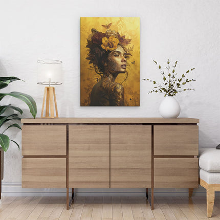 Canvas schilderij interieur Vrouw met Bloemen op haar Hoofd