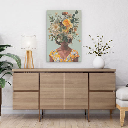 Canvas schilderij interieur Vrouw met Bloemen op haar Hoofd