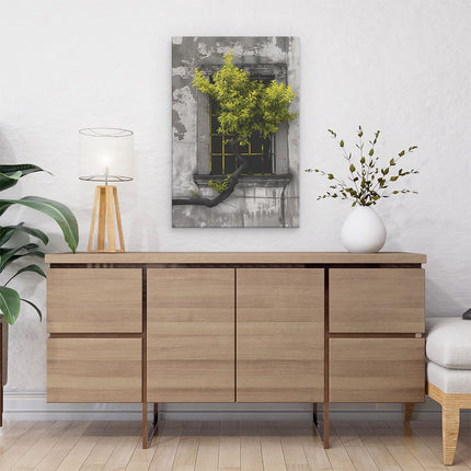 Canvas schilderij interieur Boom die uit een Raam Groeit