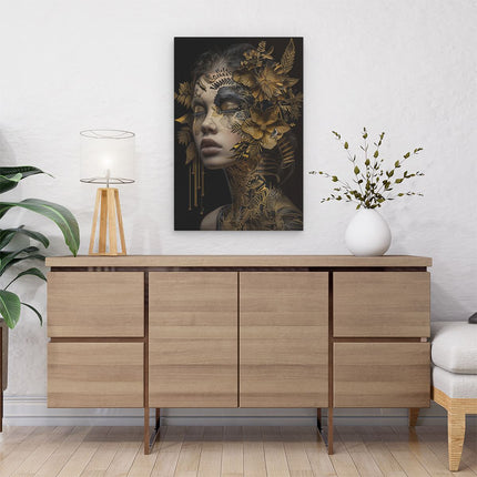 Canvas schilderij interieur Vrouw met Gouden Bloemen op haar Gezicht