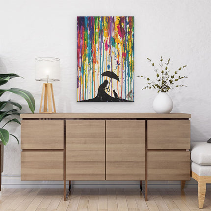 Canvas schilderij interieur Meisje met een Paraplu en een Kat