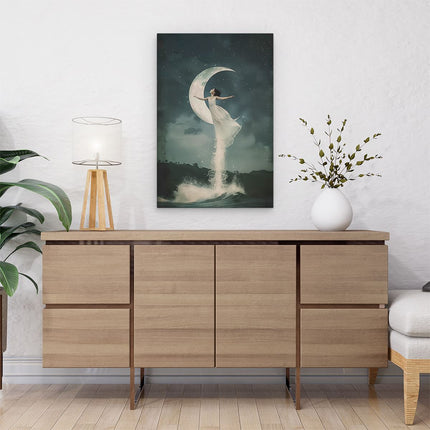 Canvas schilderij interieur Vrouw in een Witte Jurk die over de Maan Springt
