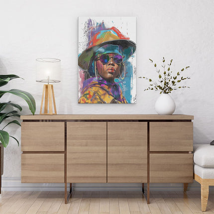 Canvas schilderij interieur Vrouw met een Hoed en een Zonnebril