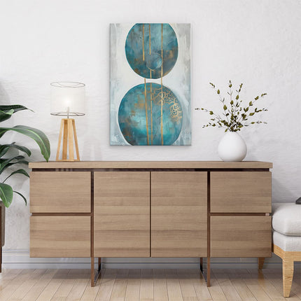 Canvas schilderij interieur Kunstwerk van Twee Blauwe en Gouden Cirkels op een Witte Achtergrond