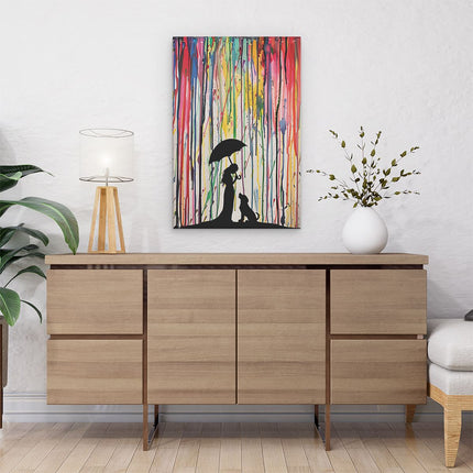 Canvas schilderij interieur Meisje en een Hond in de Regen met een Kleurrijke Paraplu