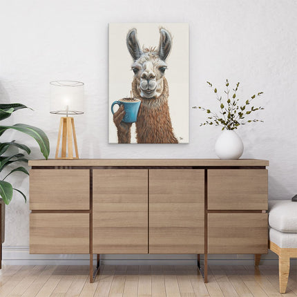 Canvas schilderij interieur Lama die een Kopje Koffie Vasthoudt