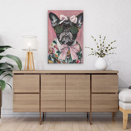 Canvas schilderij interieur Franse Bulldog met Zonnebril en Vlinderdas
