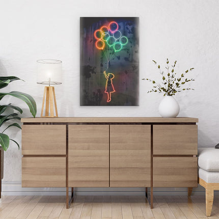Canvas schilderij interieur Meisje Vliegt met Ballonnen