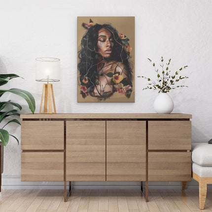 Canvas schilderij interieur Zwarte Vrouw met Bloemen op haar Gezicht