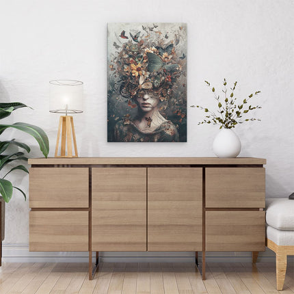 Canvas schilderij interieur Vrouw met Vlinders op haar Hoofd