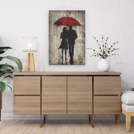 Canvas schilderij interieur Paar dat onder een Rode Paraplu loopt