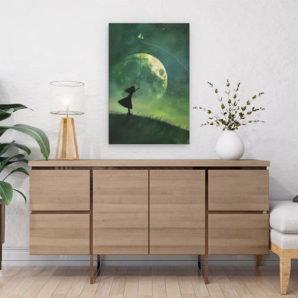 Canvas schilderij interieur Meisje Vliegeren in de Nachtelijke Hemel