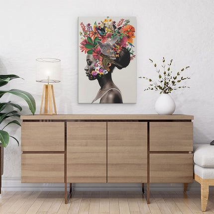 Canvas schilderij interieur Vrouw met Bloemen op haar Hoofd