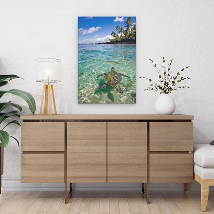 Canvas schilderij interieur Schildpad Zwemmen in Helder Water in de Buurt van Palmbomen