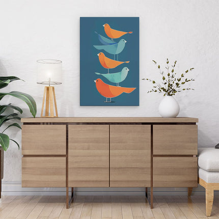 Canvas schilderij interieur Kleurrijke Vogels op een Blauwe Achtergrond