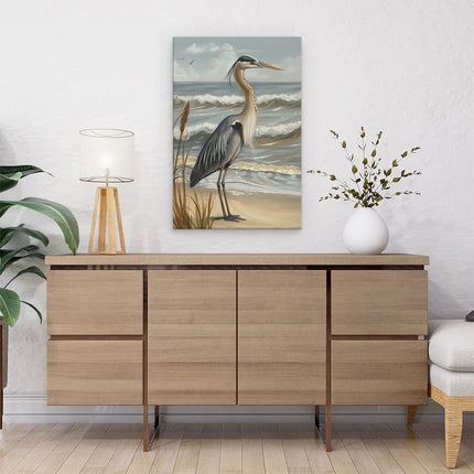 Canvas schilderij interieur Blauwe Reiger Staande op het Strand