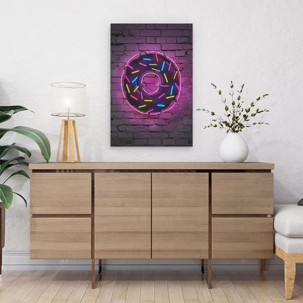 Canvas schilderij interieur Neon Donut op een Bakstenen Muur