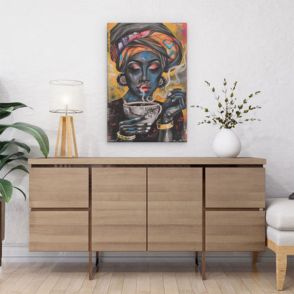 Canvas schilderij interieur Vrouw die Koffie Drinkt in een Tulband