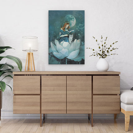 Canvas schilderij interieur Meisje Leest een Boek over een Lotusbloem