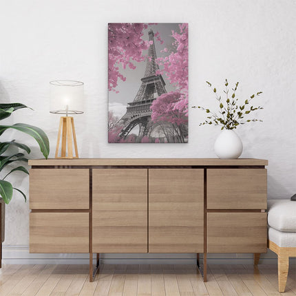 Canvas schilderij interieur Roze Bomen en de Eiffeltoren