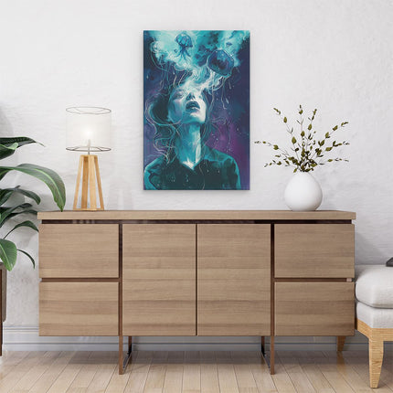 Canvas schilderij interieur Vrouw met een Kwal op haar Hoofd