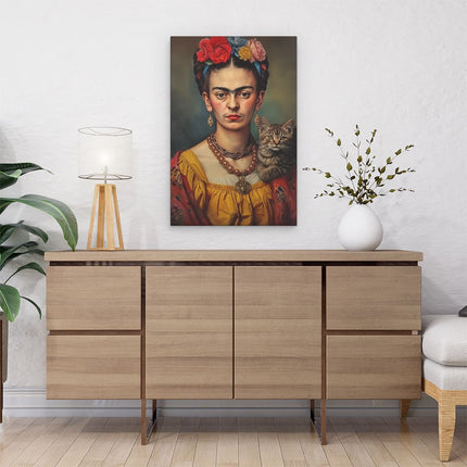 Canvas schilderij interieur Kunstwerk van Frida Kahlo met een Kat