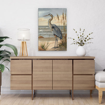 Canvas schilderij interieur Blauwe Reiger Staande op het Strand