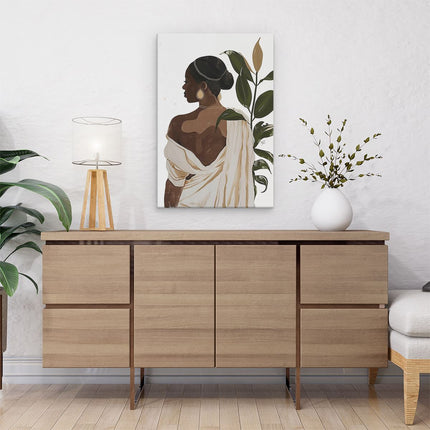Canvas schilderij interieur Afrikaanse Vrouw met een Plant in haar Hand