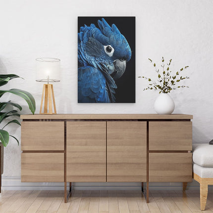 Canvas schilderij interieur Blauwe Papegaai op een Zwarte Achtergrond