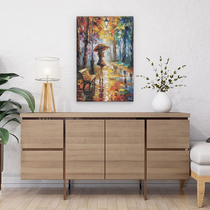 Canvas schilderij interieur Vrouw die in de Regen loopt met een Paraplu