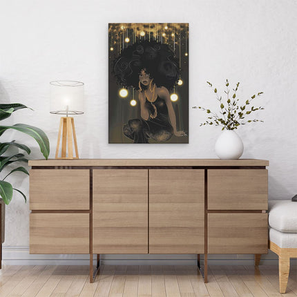 Canvas schilderij interieur Zwarte Vrouw in een Zwarte Jurk met Gouden Lichten