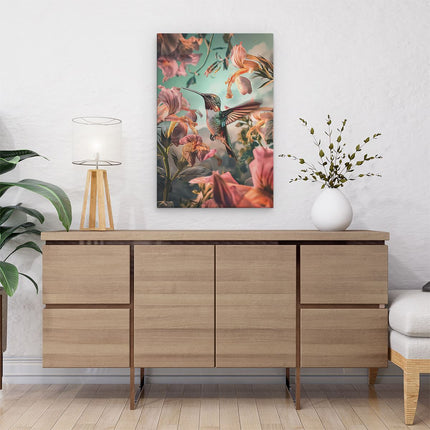 Canvas schilderij interieur Kolibrie die over Bloemen Vliegt