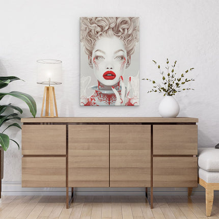 Canvas schilderij interieur Vrouw met Rood haar en Rode Lippen