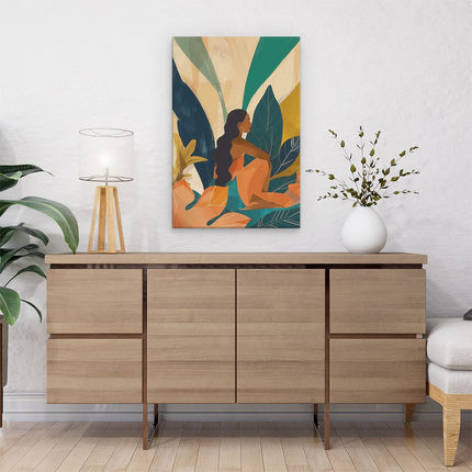 Canvas schilderij interieur Illustratie van een Vrouw die in Tropische Bladeren Zit