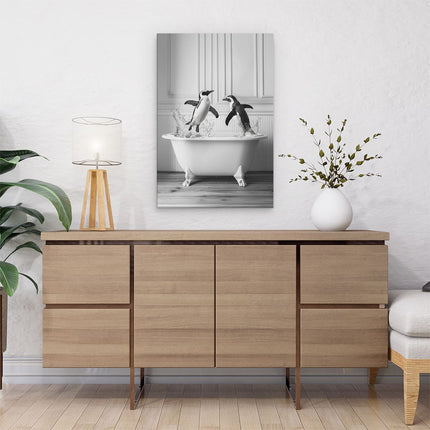 Canvas schilderij interieur Twee Pinguïns die in een Badkuip Springen