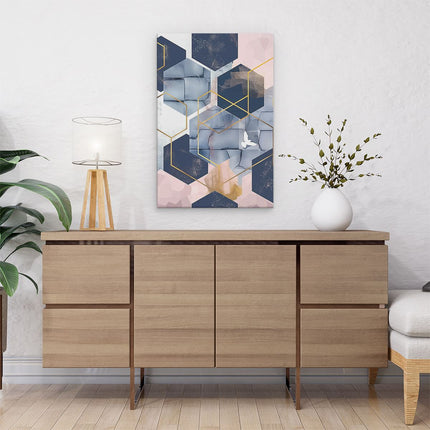 Canvas schilderij interieur Blauw en Goud Geometrisch Patroon met een Vogel Erop