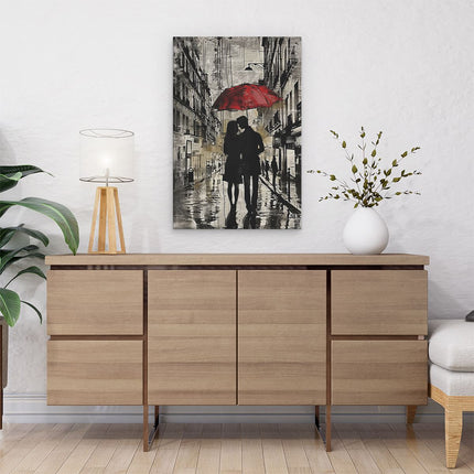 Canvas schilderij interieur Paar dat een Paraplu in de Regen Houdt