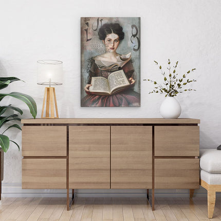 Canvas schilderij interieur Vrouw die een Boek Leest