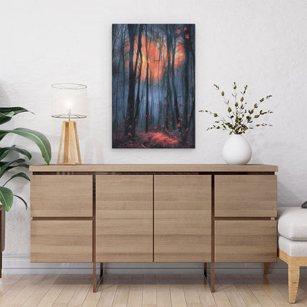 Canvas schilderij interieur Donker Bos met Rondvliegende Vogels